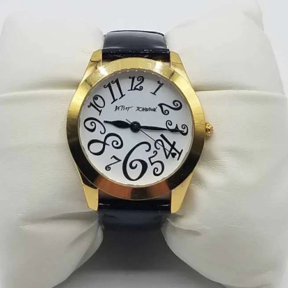 Betsey Johnson Exploding Number Gold Tone Watch Black Patent Leather Band
